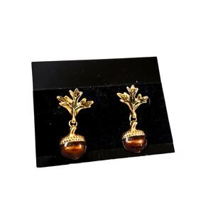 Gold Tone Avon Autumn Leaf and Acorn Earrings Acrylic Glazed Brown